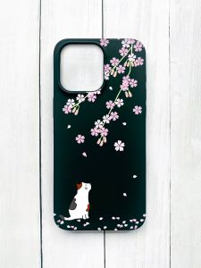 Матовий чохол на iPhone 15 Pro Max Чорний :: Котик і сакура (принт 283)