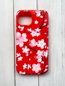 Матовий чохол на iPhone 15 Червоний :: Квітуча сакура (принт 282)