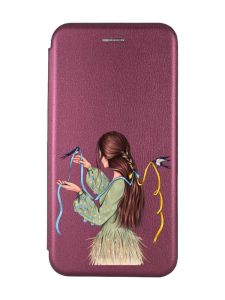 Чохол-книжка з малюнком для Xiaomi Redmi 9A Бордовий :: Дівчина з ластівками (принт 16)