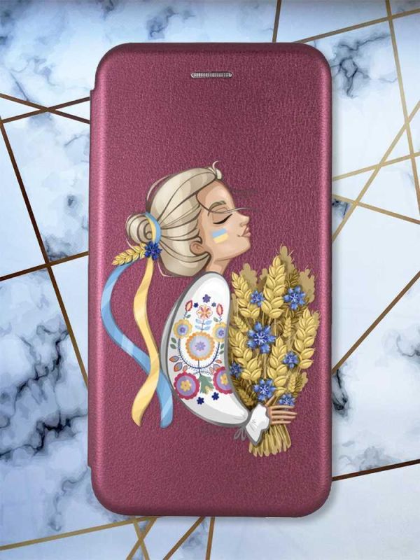 Чохол-книжка з малюнком для Xiaomi Redmi 9A Бордовий :: Українка з колосками (принт 173)