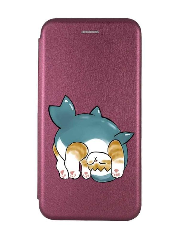 Чохол-книжка з малюнком для Xiaomi Redmi 9A Бордовий :: Котик акула (принт 378)