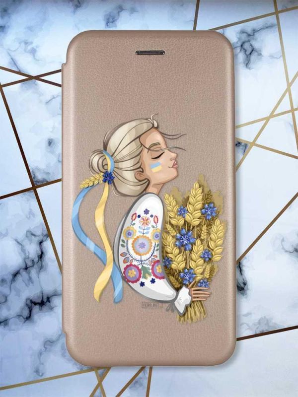 Чохол-книжка з малюнком для Xiaomi Redmi 10C Золотий :: Українка з колосками (принт 173)