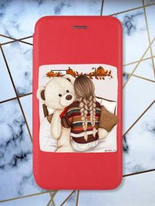 Чохол-книжка з малюнком для Xiaomi Redmi 12C Червоний :: Дівчинка з ведмедиком (принт 117)