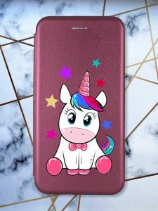 Чохол-книжка з малюнком для Xiaomi Redmi Note 13 4G Бордовий :: Єдиноріг (принт 102)