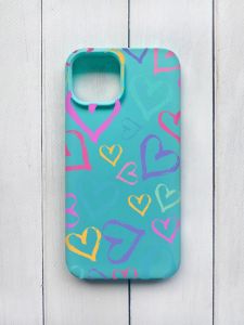 Матовий чохол на iPhone 15 Бірюзовий :: Різнокольорові сердечка (принт 332)