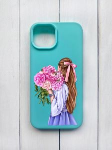 Матовий чохол на iPhone 15 Бірюзовий :: Дівчина з півоніями (принт 11)