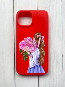 Матовий чохол на iPhone 15 Червоний :: Дівчина з півоніями (принт 11)