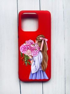 Матовий чохол на Xiaomi Redmi 12C Червоний :: Дівчина з півоніями (принт 11)