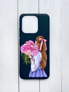 Матовий чохол на Xiaomi Redmi 12C Чорний :: Дівчина з півоніями (принт 11)