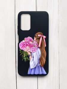 Матовий чохол на Xiaomi Redmi 9T Чорний :: Дівчина з півоніями (принт 11)