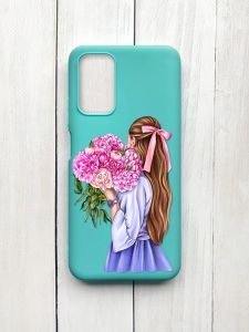 Матовий чохол на Xiaomi Redmi 9T Бірюзовий :: Дівчина з півоніями (принт 11)
