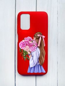 Матовий чохол на Xiaomi Redmi 9T Червоний :: Дівчина з півоніями (принт 11)