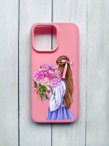Матовий чохол на iPhone 15 Pro Max Рожевий :: Дівчина з півоніями (принт 11)