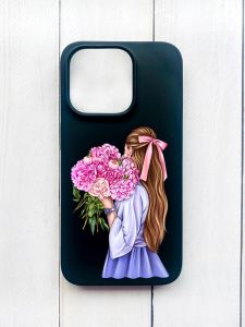 Матовий чохол на iPhone 15 Plus Чорний :: Дівчина з півоніями (принт 11)