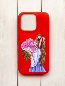 Матовий чохол на iPhone 15 Pro Червоний :: Дівчина з півоніями (принт 11)
