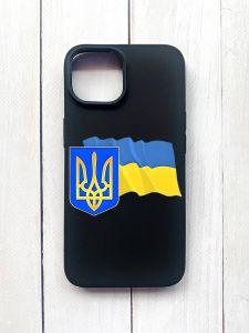 Матовий чохол на iPhone 15 Чорний :: Тризуб і прапор України (принт 384)