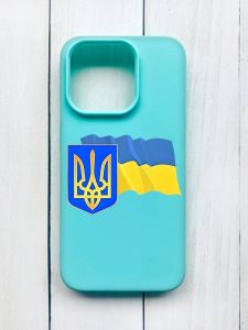 Матовий чохол на iPhone 15 Pro Бірюзовий :: Тризуб і прапор України (принт 384)