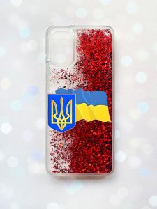 Чохол з плаваючими блискітками для Samsung Galaxy A03s (A037) Червоний :: Тризуб і прапор України (принт 384)