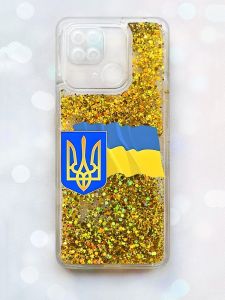 Чохол з плаваючими блискітками на Xiaomi Redmi 10C Золотий :: Тризуб і прапор України (принт 384)