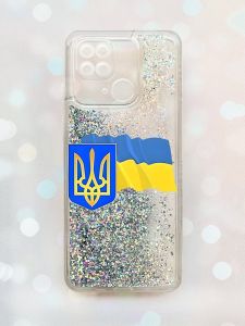 Чохол з плаваючими блискітками на Xiaomi Redmi 10C Срібний :: Тризуб і прапор України (принт 384)