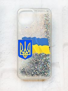 Чохол із плаваючими блискітками на iPhone 13 Срібний :: Тризуб і прапор України (принт 384)