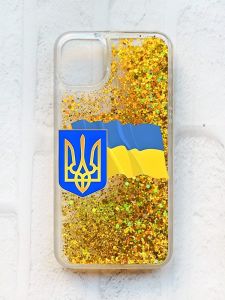 Чохол із плаваючими блискітками на iPhone 11 Золотий :: Тризуб і прапор України (принт 384)