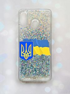 Чохол з плаваючими блискітками на Samsung Galaxy A30(2019) A305/A20 Срібний :: Тризуб і прапор України (принт 384)