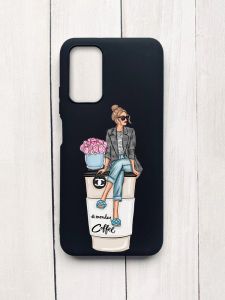 Матовий чохол на Xiaomi Redmi 9T Чорний :: Дівчина на каві (принт 228)