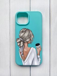 Матовий чохол на iPhone 15 Бірюзовий :: Дівчина з латте (принт 227)