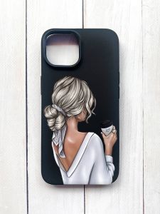 Матовий чохол на iPhone 15 Чорний :: Дівчина з латте (принт 227)