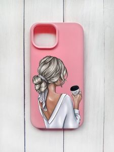 Матовий чохол на iPhone 15 Рожевий :: Дівчина з латте (принт 227)