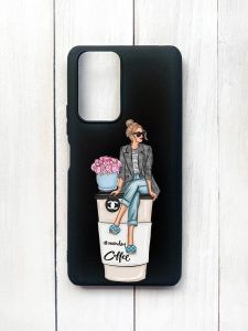 Матовий чохол на Xiaomi Redmi Note 10 Pro/10 Pro Max Чорний :: Дівчина на каві (принт 228)