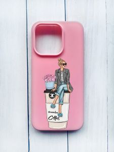 Матовий чохол на iPhone 15 Pro Рожевий :: Дівчина на каві (принт 228)