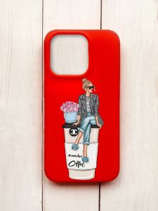 Матовий чохол на iPhone 15 Pro Червоний :: Дівчина на каві (принт 228)