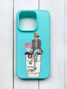 Матовий чохол на iPhone 15 Pro Бірюзовий :: Дівчина на каві (принт 228)