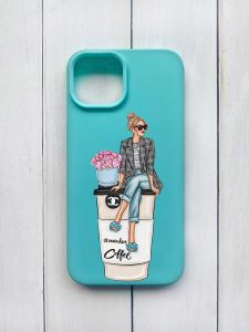 Матовий чохол на iPhone 15 Бірюзовий :: Дівчина на каві (принт 228)
