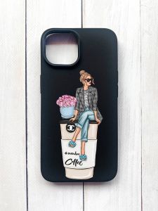 Матовий чохол на iPhone 15 Чорний :: Дівчина на каві (принт 228)