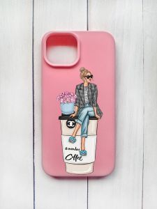 Матовий чохол на iPhone 15 Рожевий :: Дівчина на каві (принт 228)