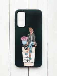 Матовий чохол на Samsung Galaxy A14 5G Чорний :: Дівчина на каві (принт 228)
