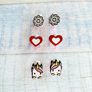 Комплект сережок кліпс Дитячий набір (квітка, серце, єдиноріг)
