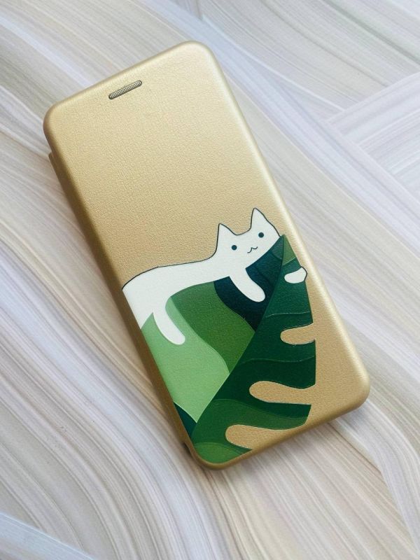 Чохол-книжка з малюнком для Xiaomi Redmi 10C Золотий :: Кіт на листку (принт 367)