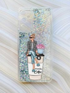 Чохол з плаваючими блискітками на Samsung Galaxy A05s (A057) Сріблястий :: Дівчина на каві (принт 228)