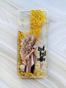 Чохол з плаваючими блискітками на Samsung Galaxy A14 5G Золотий :: Дівчина з кавою (принт 114)