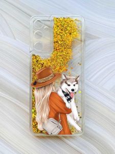 Чохол з плаваючими блискітками на Samsung Galaxy A14 5G Золотий :: Дівчина з песиком (принт 115)