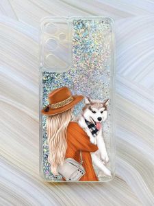 Чохол з плаваючими блискітками на Samsung Galaxy A14 5G Срібний :: Дівчина з песиком (принт 115)