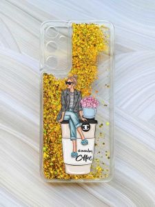 Чохол з плаваючими блискітками на Samsung Galaxy A15 (A155) Золотий :: Дівчина на каві (принт 228)