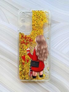 Чохол з плаваючими блискітками на Samsung Galaxy A15 (A155) Золотий :: Дівчина з кавою (принт 137)