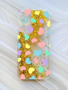 Чохол з плаваючими блискітками на Samsung Galaxy A34 5G (A346) Золотий :: Різнокольорові сердечка (принт 335)