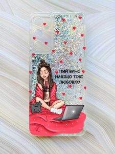 Чохол з плаваючими блискітками на Samsung Galaxy A34 5G (A346) Сріблястий :: Дівчина з вином (принт 219)