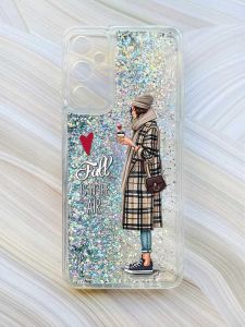 Чохол з плаваючими блискітками на Samsung Galaxy A34 5G (A346) Сріблястий :: Дівчина з кавою (принт 59)